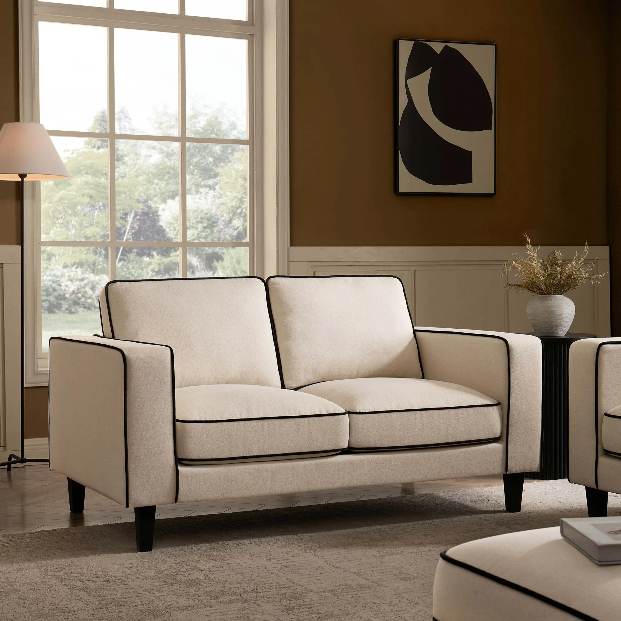 2 Seater Sofa - Cream Linen/Black