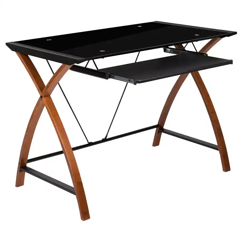 Emma and Oliver Glass Computer Desk-Pull-Out Keyboard Tray & Crisscross Frame