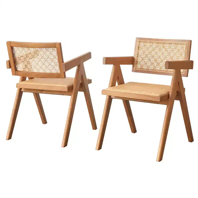 Buylateral Valentina Modern Rattan Solid Wood Arm Dining Chair Light Walnut