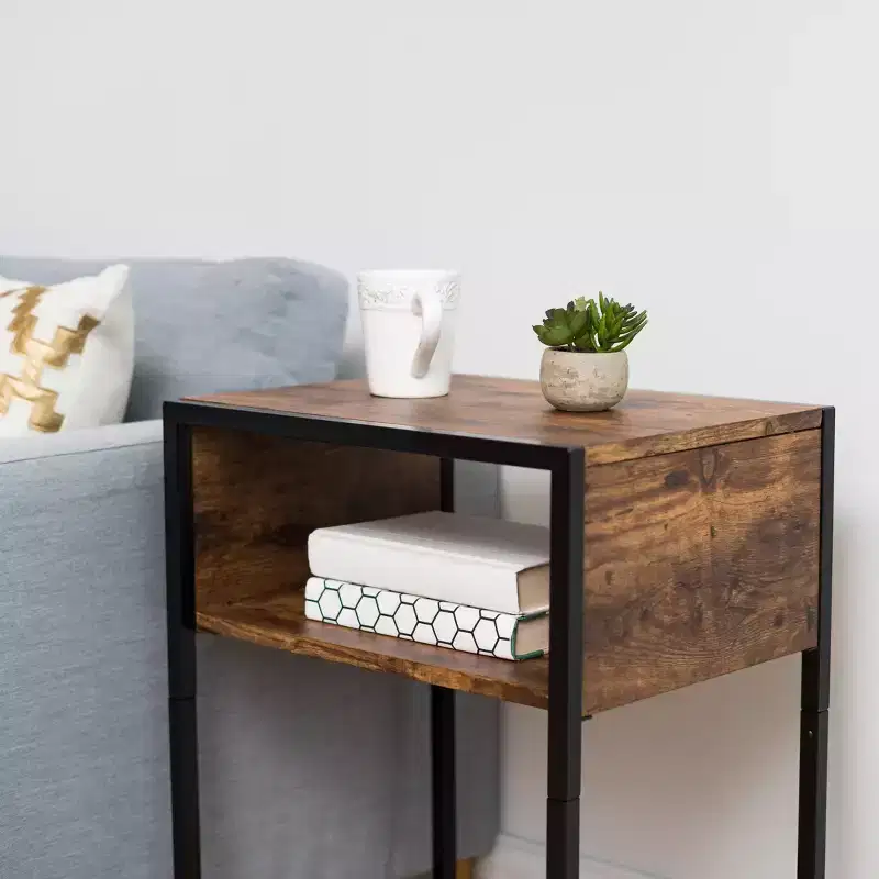 Wood and Metal C-Shape Side Table, Brown
