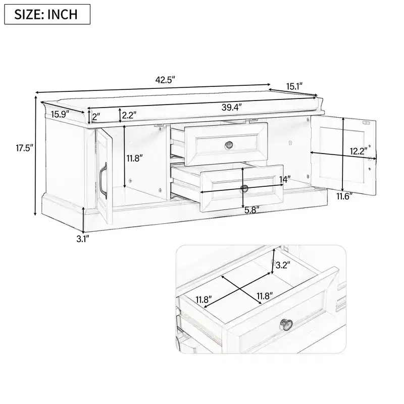 Storage Bench with 2 Drawers and 2 Cabinets, Shoe Bench with Removable Cushion for Living Room and Entryway, Gray Wash