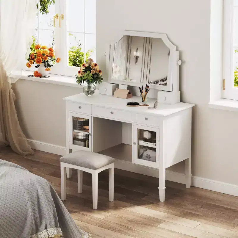 44.4-Inch Minimalist Makeup Vanity Desk with Mirror, 5 Drawers, Side Cabinet and Matching Stool for Bedroom, White Finish