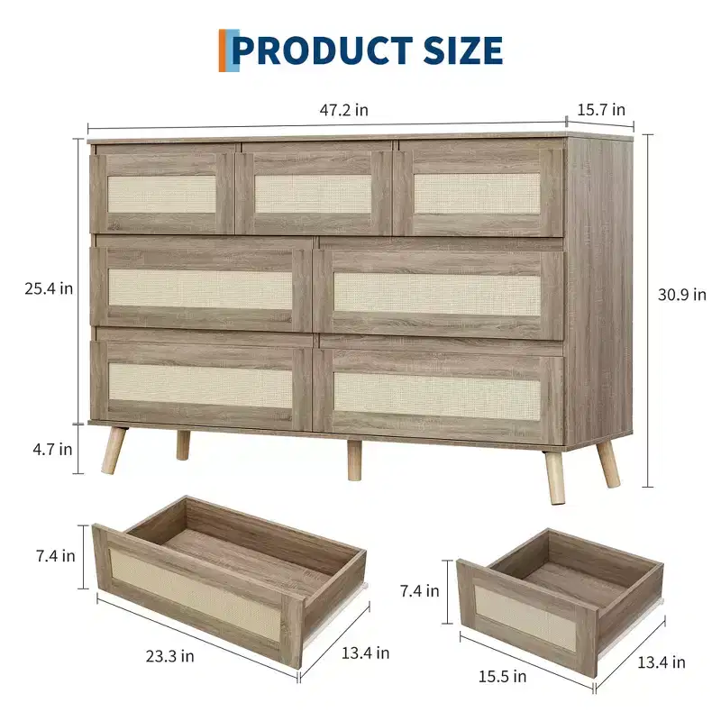 Rattan Dresser for Bedroom with 7 Drawers, 47.2 in Wide Chest of Drawers