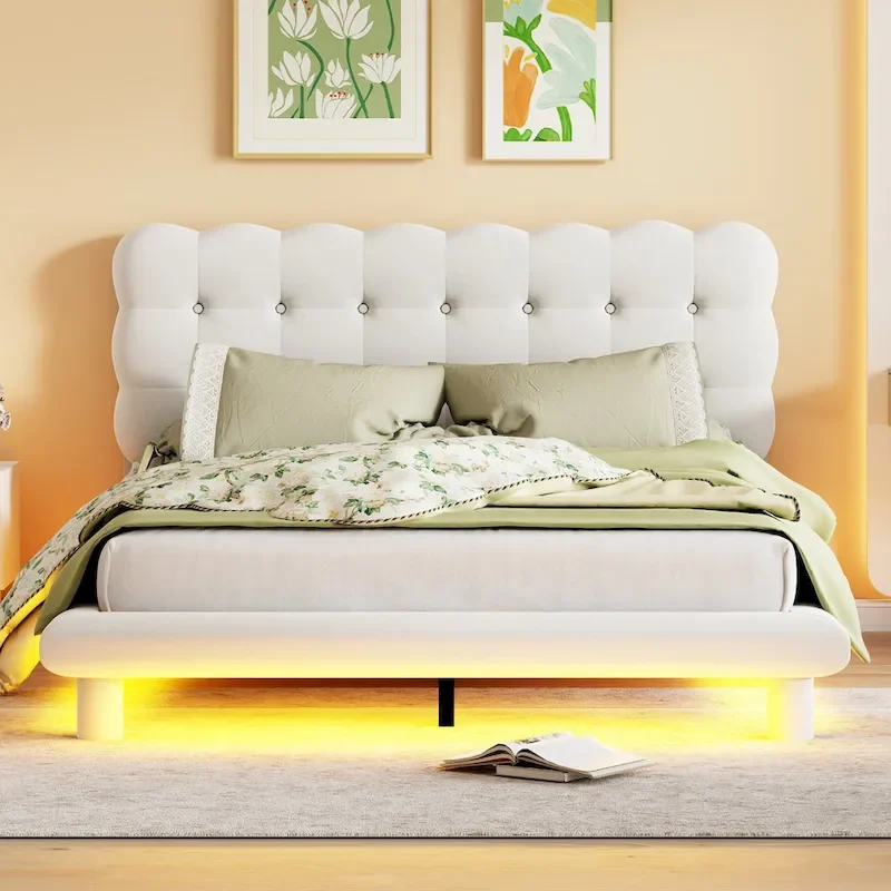 Queen Velvet Upholstered Platform Bed with LED Lights & Button-Tufted Headboard – Beige / Gray, MDF & Plywood, Single