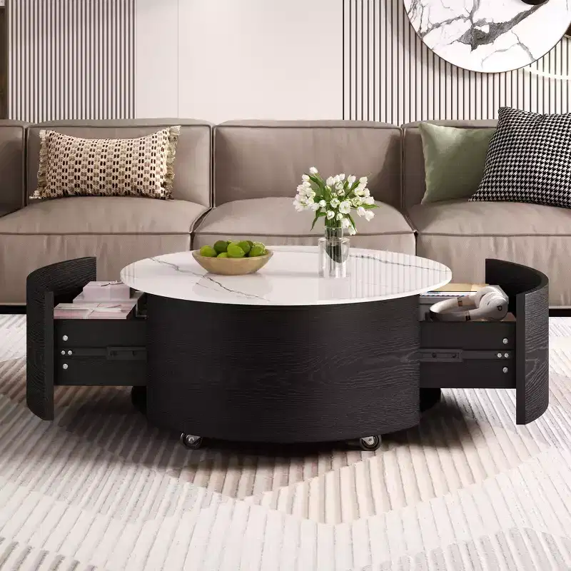 Whisen Modern Round Coffee Table with Sintered Stone Top, 2 Drawers & Rolling Casters