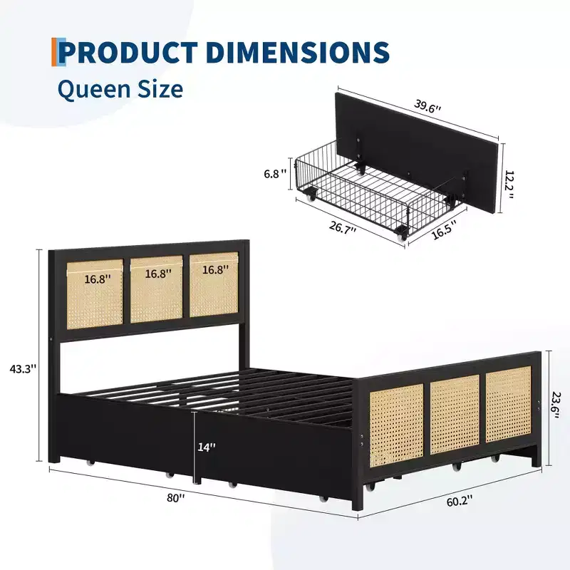 Boho Rattan Full Bed Frame  4 Large Storage Drawers  Sturdy, Noise-Free Metal Slats  No Box Spring Needed  Easy Assembly