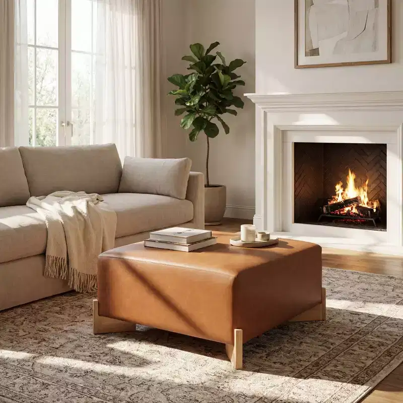 Modern Square Wooden Boucle Upholstered Ottoman