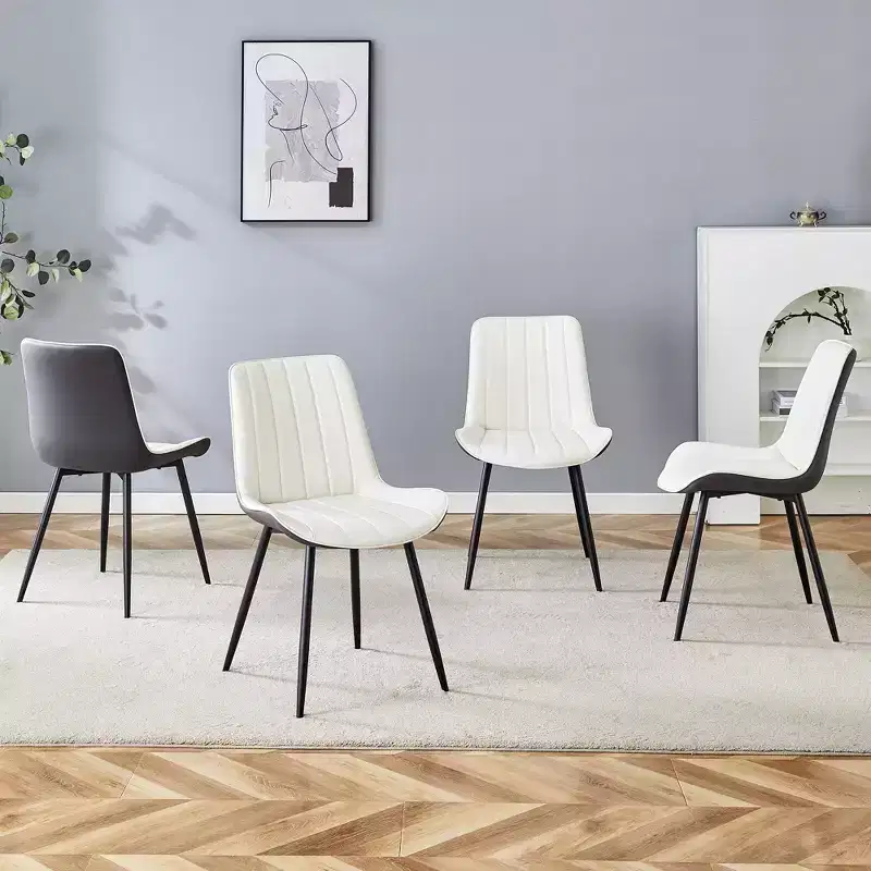 MAYEERTY Set of 4 Extended Cushion PU Dining Chairs White Dark Gray Smooth Lines Modern Decor