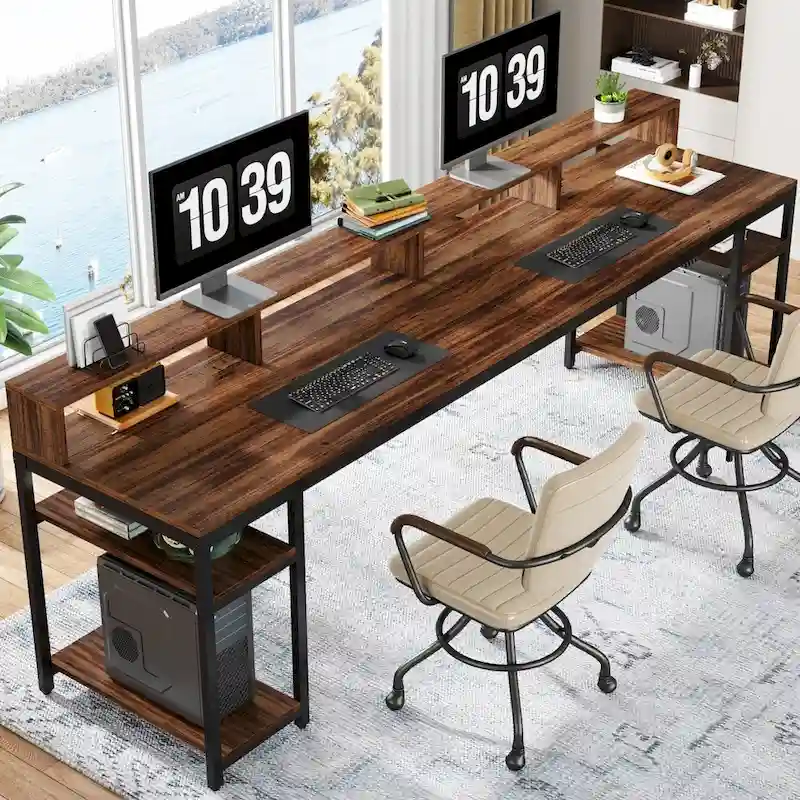 Two Person Desk Long Computer Desk with Monitor Stand and Storage Shelves
