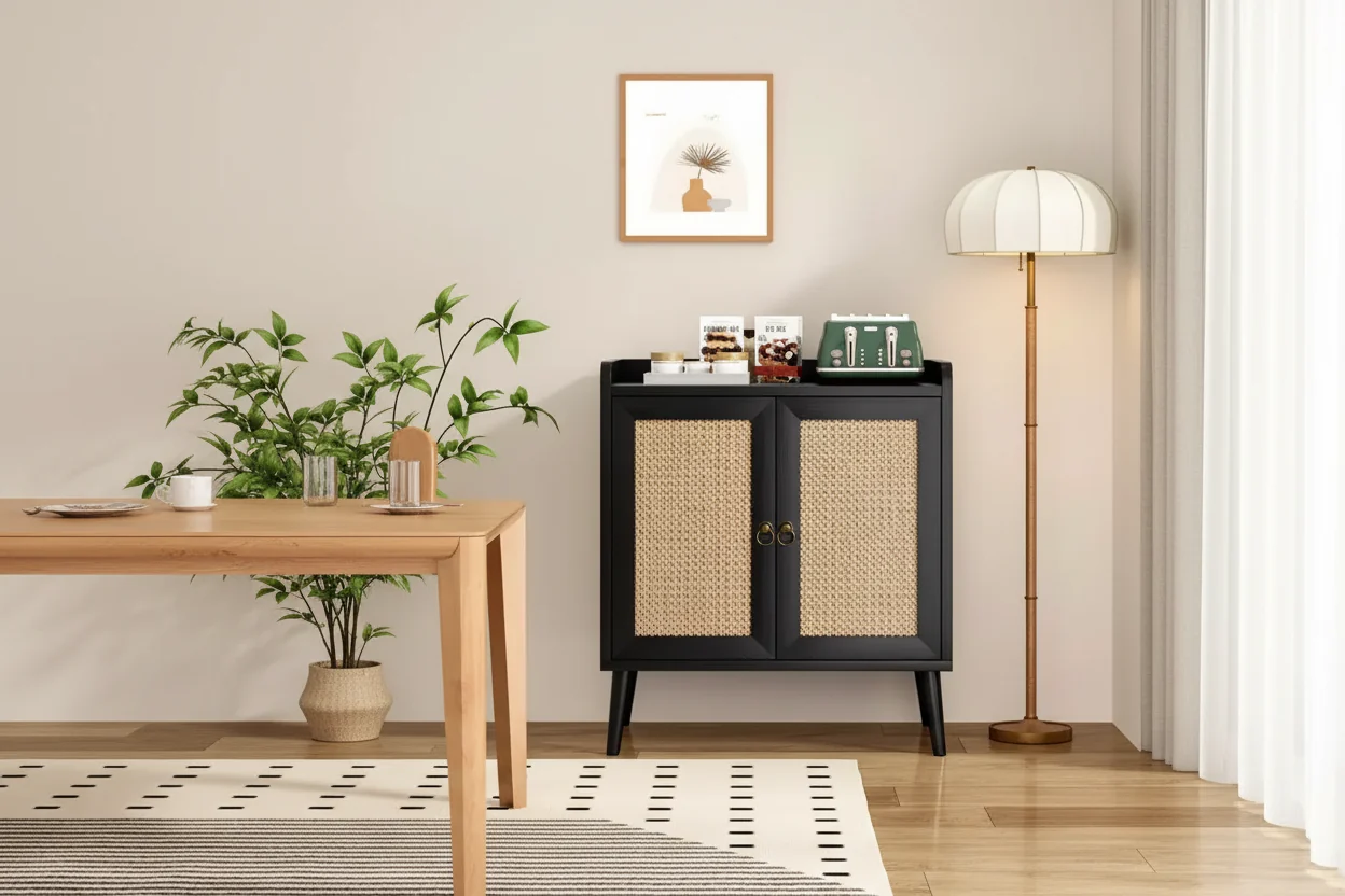 Sideboard Buffet Cabinet with Storage, Bar Liquor Cabinet with Rattan Decorated Doors, Credenza Console Table for Black