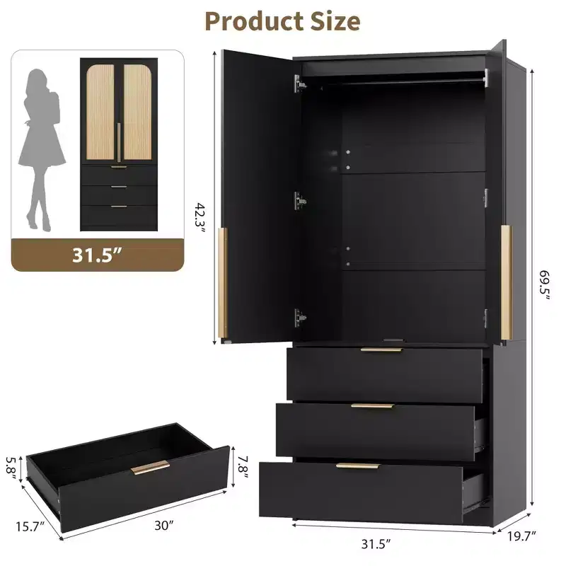 Rattan Armoire Wardrobe Closet with 3 Drawers and 2 Doors, Wooden Wardrobe Cabinets for Hanging Clothes, Tall Standing Bedroom Armoires