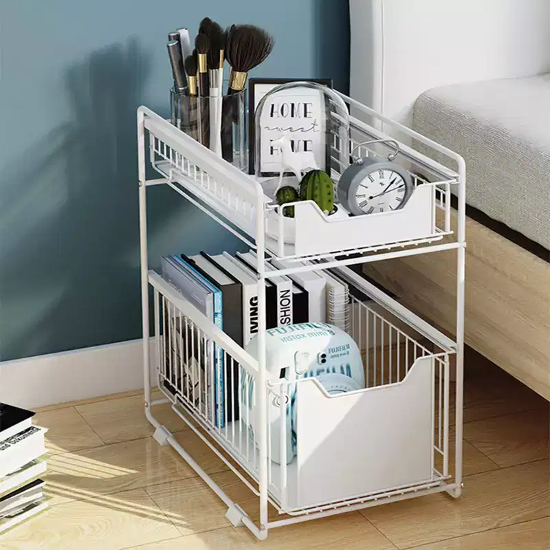 Pull Out Cabinet Organizer, 2-Tier Storage Wire Baskets With Sliding Storage Drawer, Carbon Steel Sliding Drawer Shelf Baskets for Kitchen Pantry