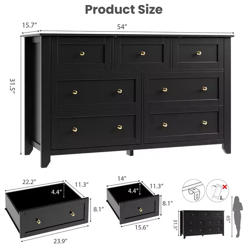 7 Drawer Dresser for Bedroom, 54W Wooden Chest of Drawers with Metal Knobs, Clothes Storage Organizer, Dresser TV Stand for Entryway, Bedroom