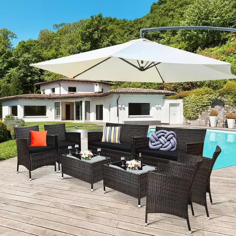 Costway 8PCS Rattan Patio Furniture Set Cushioned Sofa Chair Coffee Table Red\Brown\Turquoise