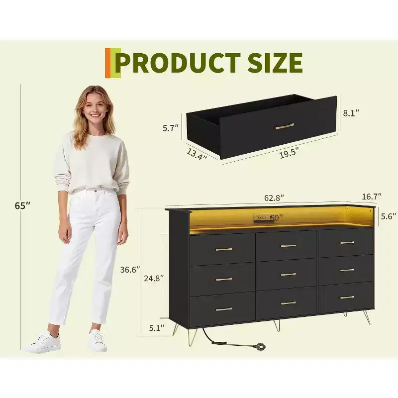 36.6x62.8x16.7 Inch 9-Drawer Tall Dresser, Modern Storage Cabinet with Multi-Functional Organizer for Multi-Room Use, Sleek Design