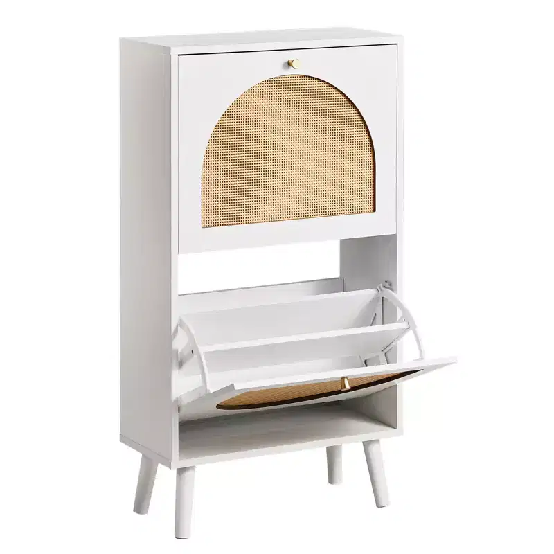 White 2-Door Flip Shoe Cabinet with Rattan Front, Holds 12 Pairs