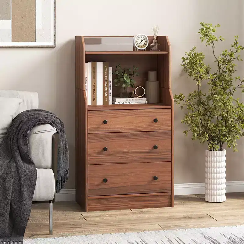 Costway 3-Drawer Dresser 44 Tall Wood Storage Organizer Chest w/ 2 Open Shelves Walnut