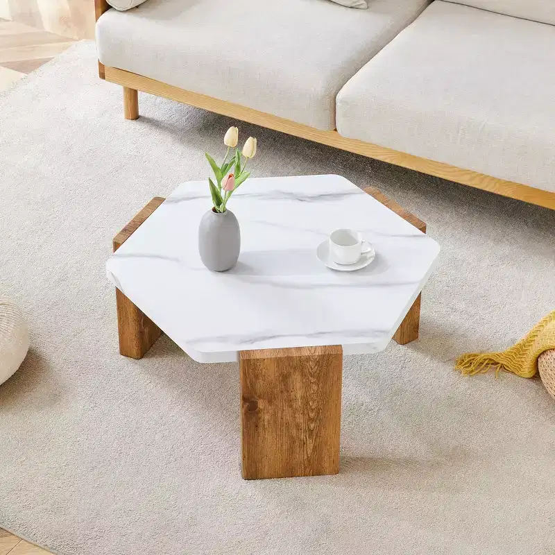 MAYEERTY White Coffee Table Faux Marble Top Triangular Wood Base, 31 Inch
