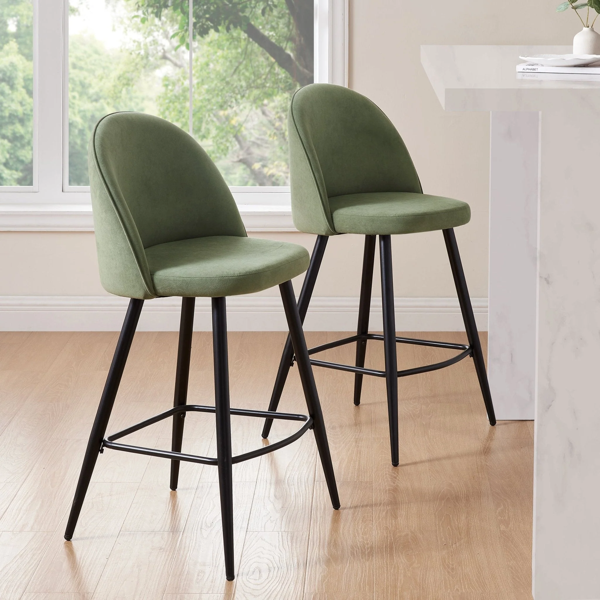 Contemporary Sage Green Velvet Barstool with Black Metal Legs for Kitchen