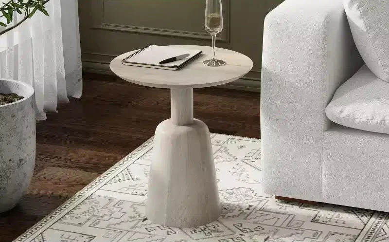 SOLID MANGO WOOD 18 inch Wide Round Contemporary Side Table in White Wash, Fully Assembled