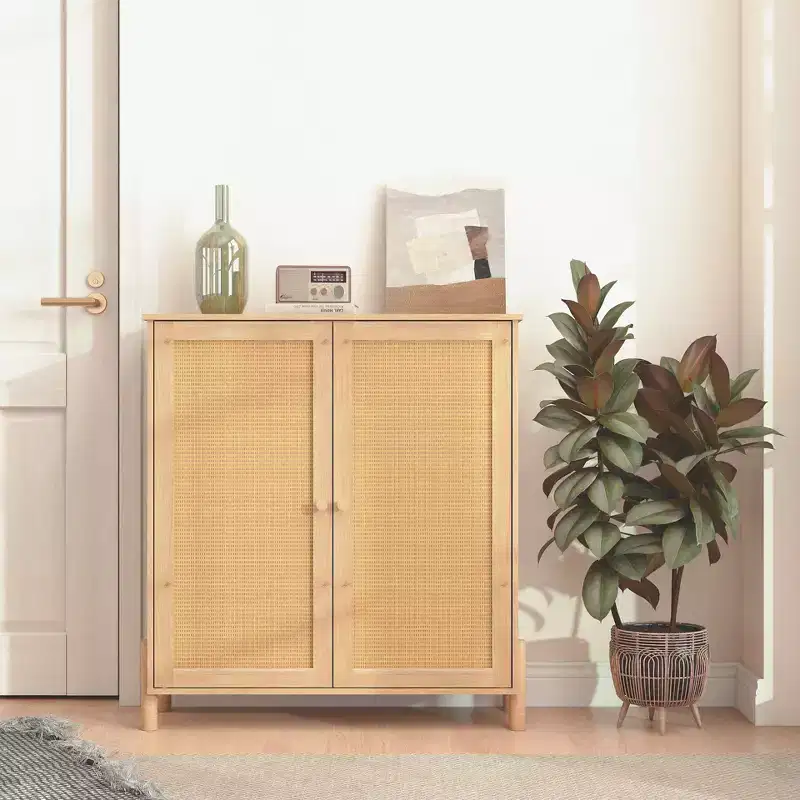 GDFStudio Elise Mid Century Modern Storage Cabinet with Woven Rattan Doors and Adjustable Shelves