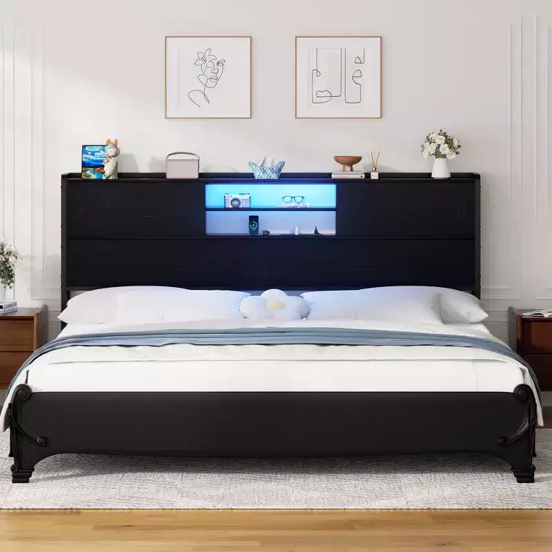 Besiost Storage Headboard with Sliding Doors and Charging Station