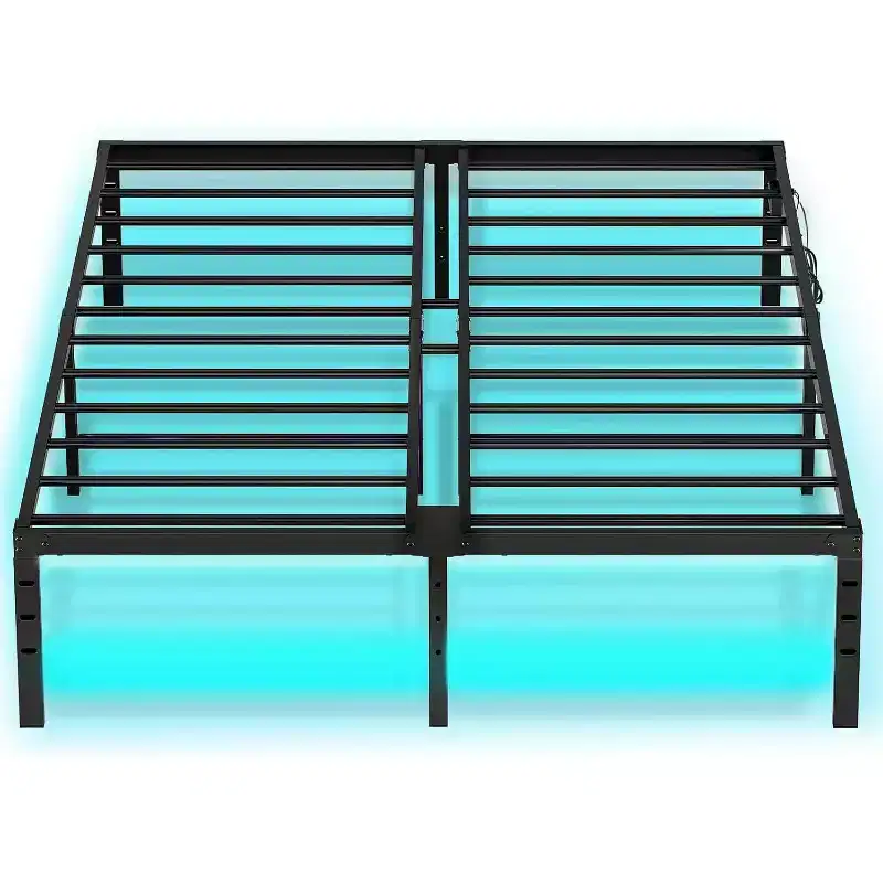 Black Metal Platform Bed with LED Lights & Charging Station – Full/Queen