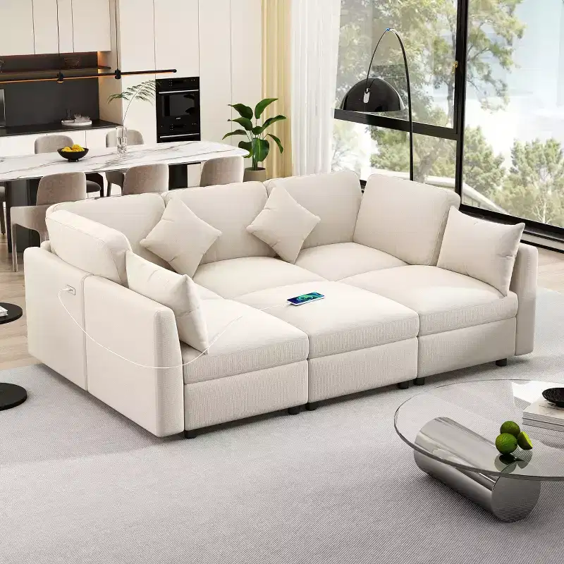 85.4 Modular Sectional Sofa Bed with Ottoman, USB Ports  Convertible L/U-Shaped Chenille Sofa for Living Room