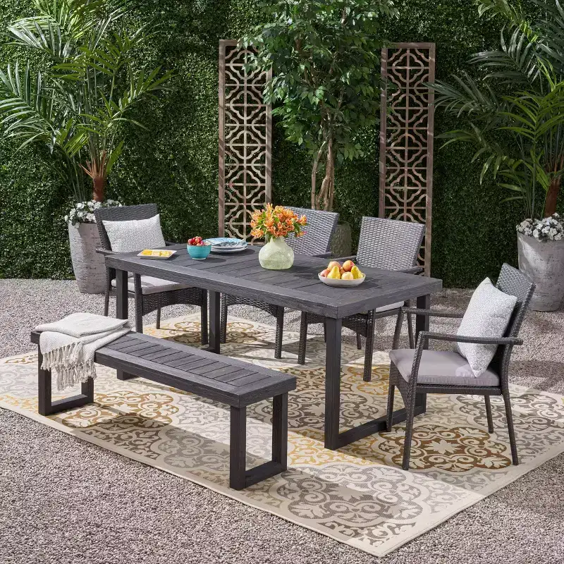 Garner 6pc Wood and Wicker Chair and Bench Dining Set Sandblast Dark Gray/Gray - Christopher Knight Home