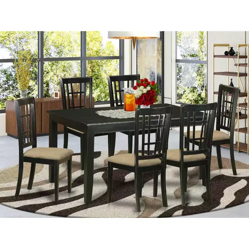 Rubber Wood Dining Table Set With 6 Chairs Rectangle Kitchen Dining Room Black