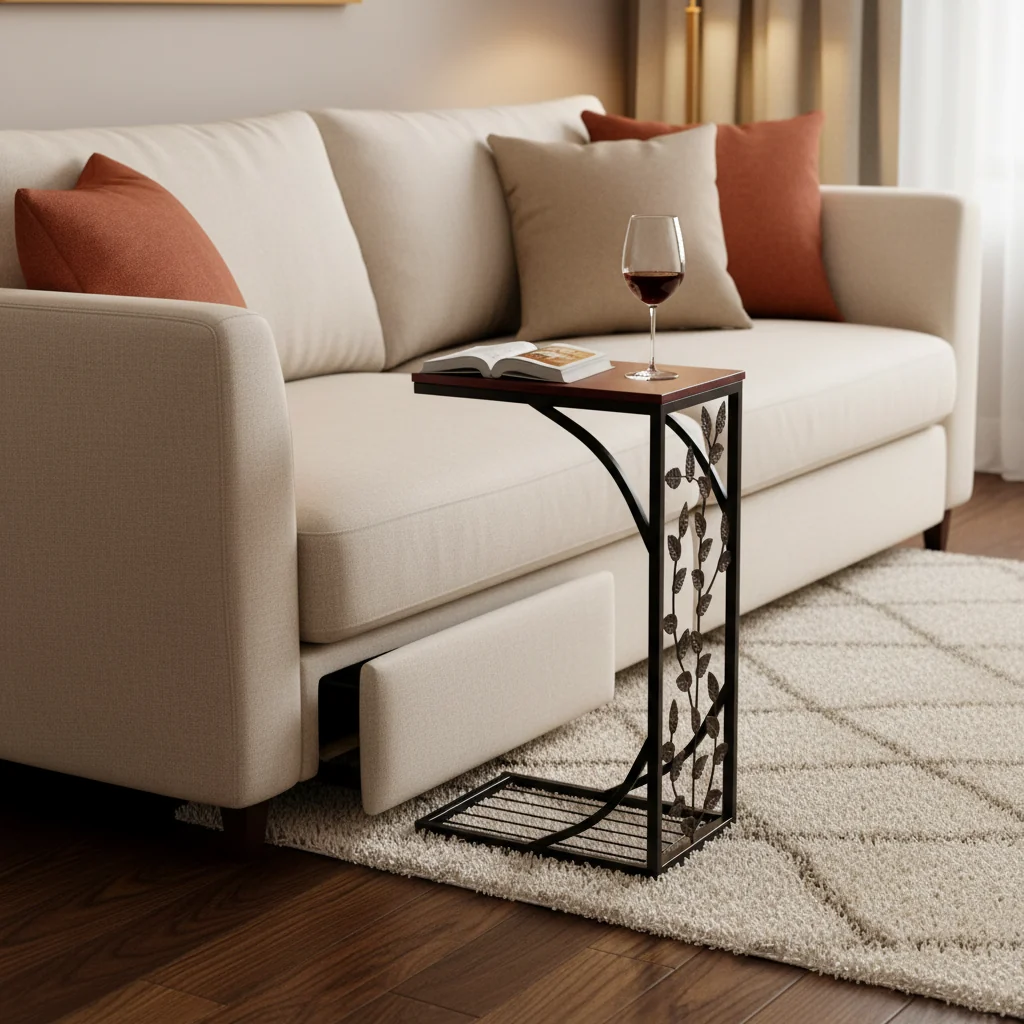 C-Shape Side Table with Leaf Pattern Iron Frame and Wood Top, Brown and Gold, 12L x 8.27W x 21.26H in