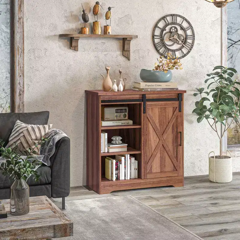 HOMCOM Farmhouse Coffee Bar Cabinet, 33 Buffet Sideboard with Sliding Barn Door and Adjustable Shelf, Kitchen Buffet Cabinet