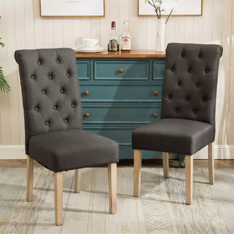 Roundhill Furniture Habit Solid Wood Tufted Parsons Dining Chair, Charcoal, Set of 2