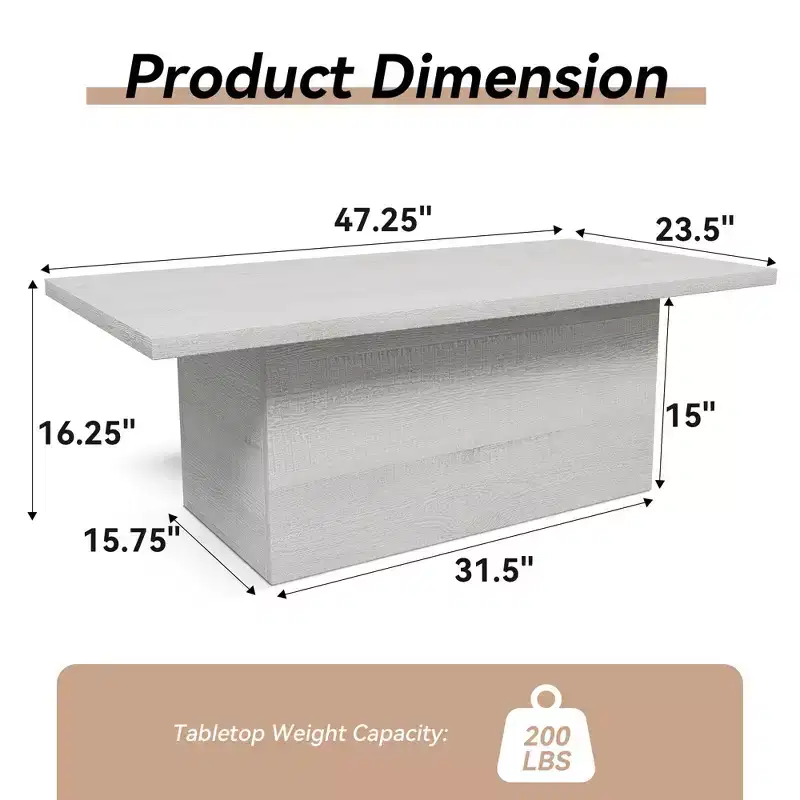 Rectangular Coffee Table, 47.25-Inch Modern Solid Wood Medium Coffee Table, Wooden Farmhouse Rustic Cocktail Coffee Table