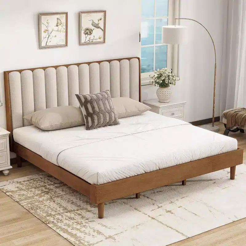 King Size Wooden Platform Bed Frame with Piano Key Style Upholstered Headboard, Strengthened Frame, No Box Spring Needed, Wheat
