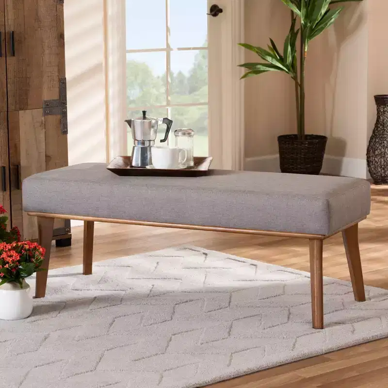 Odessa Mid-Century Modern Fabric Upholstered Wood Dining Bench Walnut/Brown - Baxton Studio: Sleek Rectangle Seating for 2