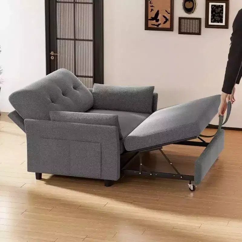 51 Inch 3-in-1 Pull-Out Sleeper Sofa Bed, Convertible Loveseat with Reclining Adjustable Backrest, Chenille Upholstered Couch, Side Pocket