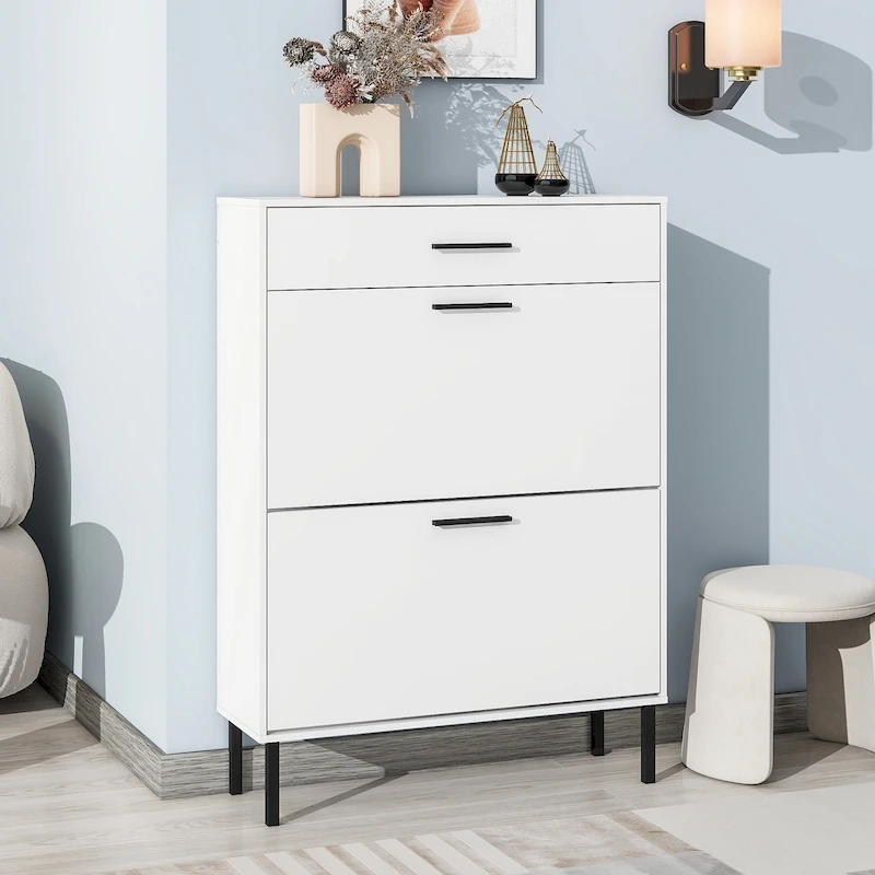 Freestanding Shoe Rack Storage Organizer with Drawers & Metal Legs, Modern Shoe Storage Cabinet with 2 Flip Drawers