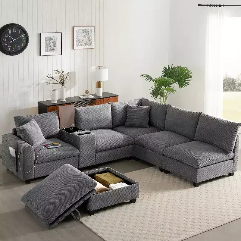 Modern Chenille 4-seat Sectional Sofa with Ottoman, L-Shaped Cloud Couch Set with Throw Pillows