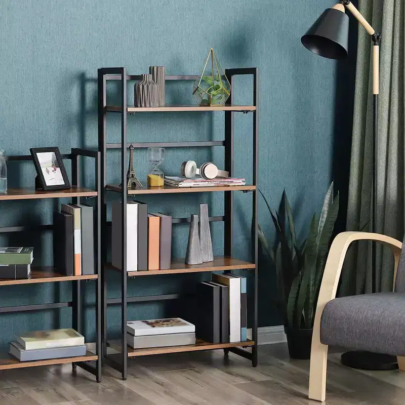 4-Tier Folding Ladder Bookshelf | Industrial Rustic Brown Metal Frame