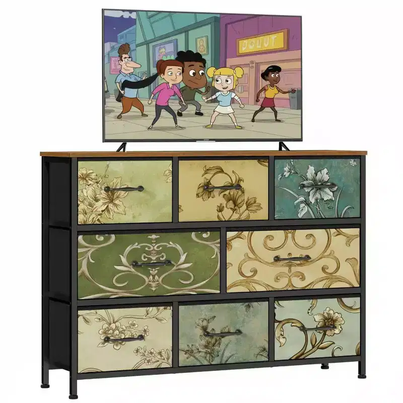 Large 8 Drawer Wide Dresser Chest Of Drawers Vintage Style Fabric Storage Organizer Metal Frame Wood Top For Bedroom Hallway Entryway Home Furniture
