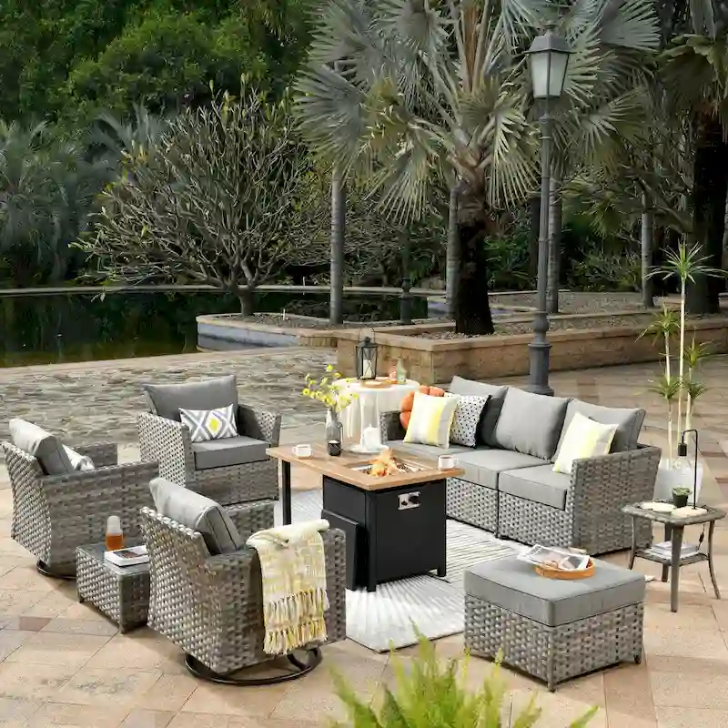 OVIOS 10-Piece Patio Wicker Conversation Rocking Chair Set With Fire Table