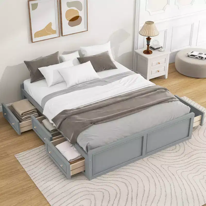 Queen Platform Beds with 6 Storage Drawers, Rustic Wood Queen Size Platform Bed Frame without Headboard, Gray