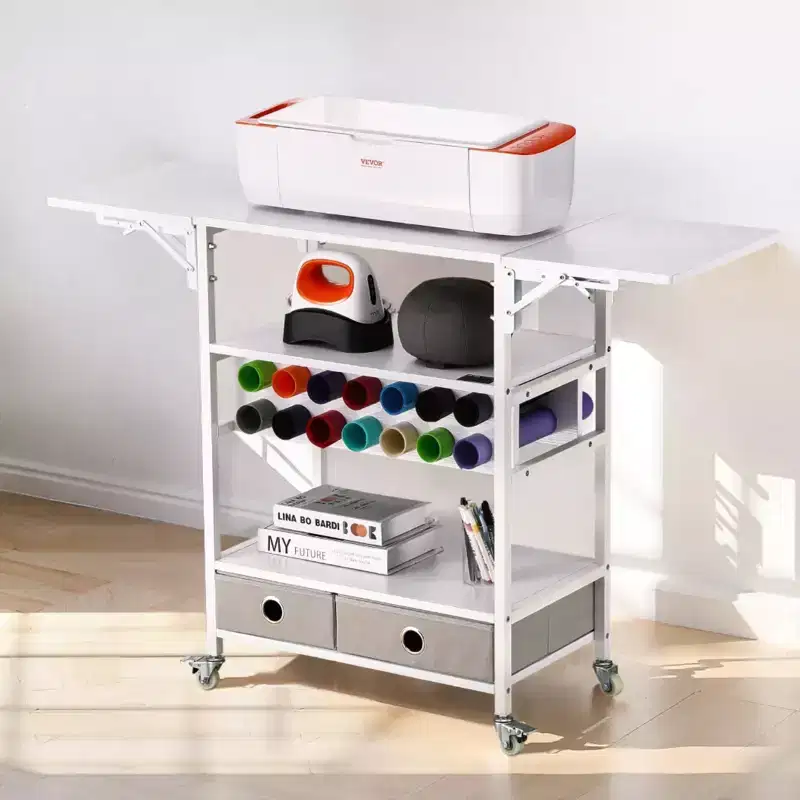 VIYET Rolling Craft Cart & Storage Table, Cricut Compatible, Foldable Sides, 14 Vinyl Roll Holders & 2 Drawers