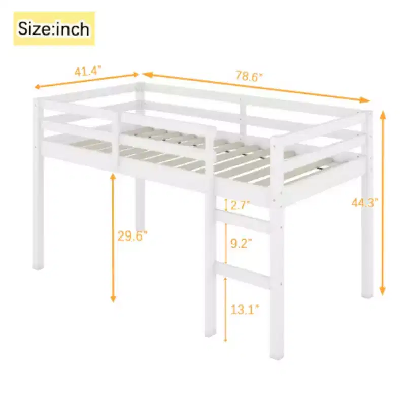 Twin High Loft Bed with Integrated Desk & Safety Guardrail, Solid Rubberwood, Grey