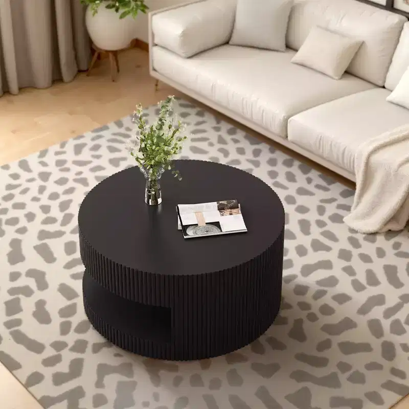 JVNOXK 31.5-inch Modern Round Coffee Table, Vertical Stripe Design Side Table with Open Shelf, Suitable for Bedroom or Living Room, Black