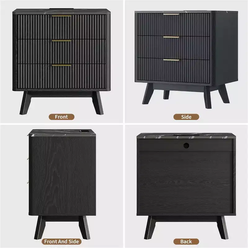 Set of 2 24 Fluted Nightstands, Wide Natural Bedside Table with Charging Station, 3 Large Storage Drawers & Metal Handle for Bedroom & Living Room