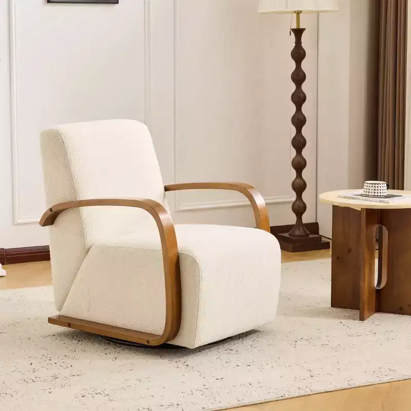 360 Swivel Accent Chair with Solid Wood Curved Arms, Mid-Century Modern Upholstered Side Chair for Living Room or Reading Nook