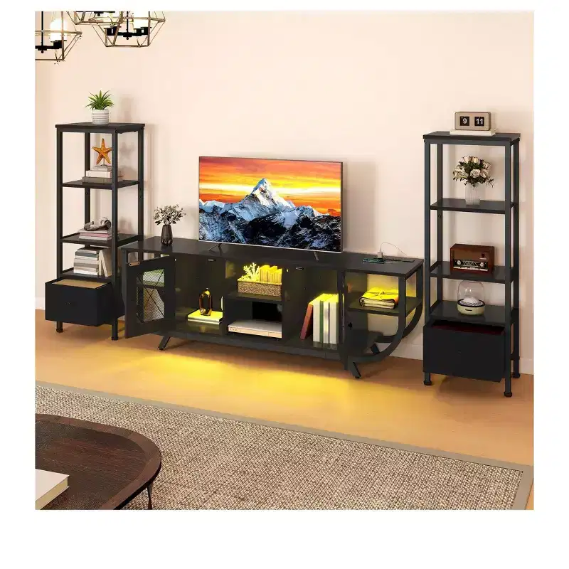 TV Stand for TVs up to 65 inch, LED Entertainment Center with 2 Bookshelf & Power Outlet,Farmhouse TV Console Cabinet with Fabric Drawer