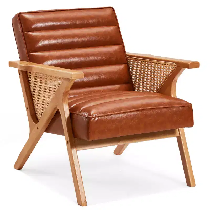 Modern Leather Accent Chair Natural Rattan Upholstered Armchair With Solid Wood Frame
